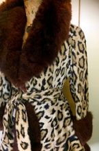 Load image into Gallery viewer, 50s Pin-up Faux Leopard Coat--Real Luscious Fur Trimmed Fit and Full Flare 1960s Winter Coat Small/Medium Russian Princess