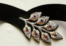 Load image into Gallery viewer, 80s Vintage Black Suede Cinch Belt Jeweled Swarovski Crystals Leaves Floral HENRYKS BIJOUX Austria 24&quot; to 27&quot; waist