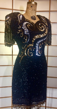 Load image into Gallery viewer, 80s Dynasty Glam Silk Beaded Sequined Dress Gold and Black Sweetheart Neckline Prom M/L