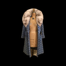 Load image into Gallery viewer, 60’s 70’s Blue Carpet Coat Needlepoint Tapestry with Norwegian Fox Fur Belted