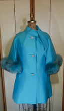 Load image into Gallery viewer, 60s Mod Lilli Ann Cape Flare Bell Sleeve Turquoise Dyed Blue Aqua Norwegian Fox Fur Rhinestone Short Dress Coat Made Men Jackie Kennedy