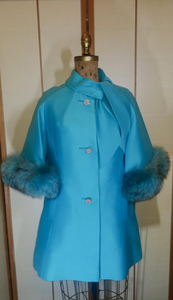 60s Mod Lilli Ann Cape Flare Bell Sleeve Turquoise Dyed Blue Aqua Norwegian Fox Fur Rhinestone Short Dress Coat Made Men Jackie Kennedy