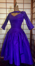 Load image into Gallery viewer, 50s Purple Dress--Taffetta Pinup Audrey Hepburn Sabrina! Pleated Full Skirted Double Layered Crinoline 3/4 Sleeves Dress S/XS