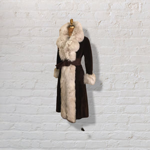 70’s Vintage Mahogany Suede Fox Fur Tuxedo Coat