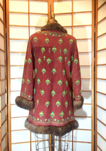Load image into Gallery viewer, Vtg 70s Red Suede Coat Embroidered Mink Afghan Turkish Coat Carpet Tapestry Wooden Toggle 3/4 Length S/M/L Penny Lane Almost Famous Hippy
