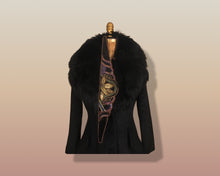 Load image into Gallery viewer, 60’s Black Coat Vintage Lilli Ann Fit and Flare Shearling Pinup Princess Beaded Belt