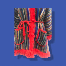 Load image into Gallery viewer, Red Columbian Peruvian Wool Hand Knit vintage Jacket Sweater 70’s Red Stripe Blanket Sweater