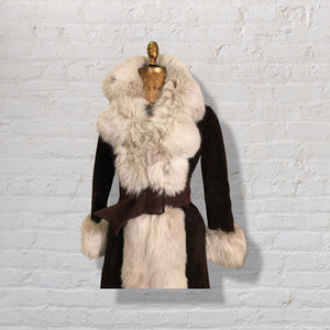 70’s Vintage Mahogany Suede Fox Fur Tuxedo Coat