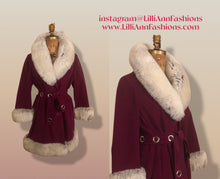 Load image into Gallery viewer, 60s Wine Cranberry Coat in Velveteen and Shearling with Grommet Belt