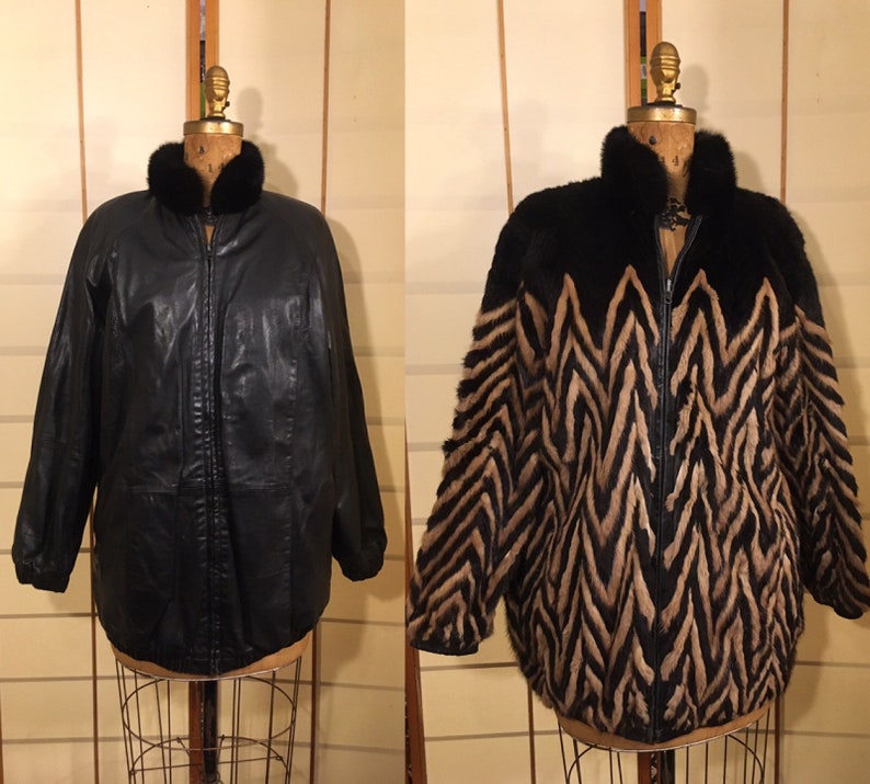 Vintage Women Men Unisex 80s Reversible Mink Chevron Black Leather 