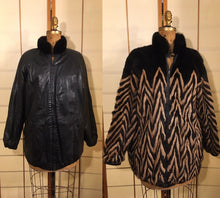 Load image into Gallery viewer, Vintage Women Men Unisex 80s Reversible Mink Chevron Black Leather Bomber Coat Jacket Glam Wear Two Ways Versatility