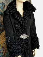 Load image into Gallery viewer, Black Suede Leather Curly Lamb Mongolian Penny Lane Almost Famous Hippy Shearling Russian Princess Coat S/M Full Length Long