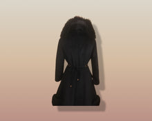 Load image into Gallery viewer, 60’s Black Coat Vintage Lilli Ann Fit and Flare Shearling Pinup Princess Beaded Belt