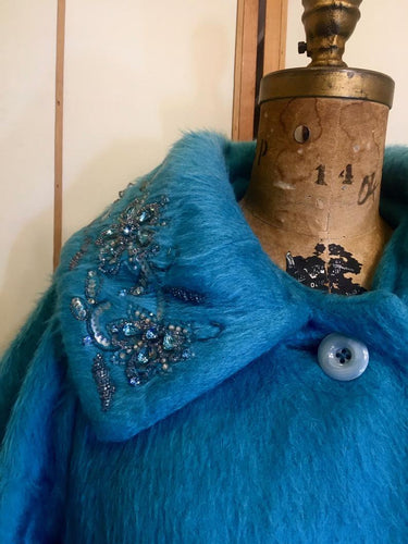 60s Women's Vintage Coat- Lilli Ann Turquoise Mod Jeweled Blue Swing Mohair Wool Loomed in Paris 3/4 Sleeves One Size Fits All