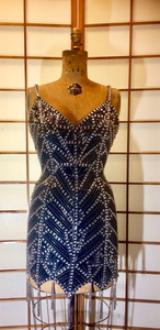 80s Beaded Fringe Dress Flapper Body Con Mini Tight Intricate Dress Balmain Style S/XS Made in Italy