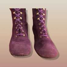 Load image into Gallery viewer, 70’s Purple Suede Gogo Hippy Boho Embroided Boots Rare size7.5/8 Lace Up Floral