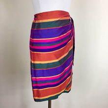 Load image into Gallery viewer, 90s Sarong Wrap Skirt Striped Raw Silk Rainbow Ralph Lauren Size US 8 M/L Ethnic Thai Asian Mod