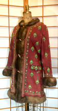 Load image into Gallery viewer, Vtg 70s Red Suede Coat Embroidered Mink Afghan Turkish Coat Carpet Tapestry Wooden Toggle 3/4 Length S/M/L Penny Lane Almost Famous Hippy