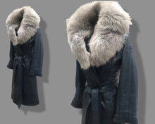 Load image into Gallery viewer, 70’s Spy Trench Leather Coat with Removable Shearling Collar Dark Blue