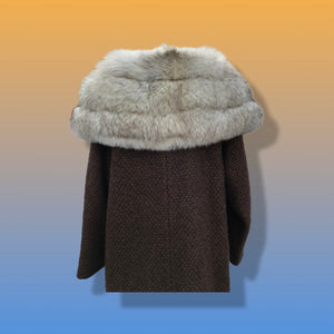 Vintage 60’s Swing Coat Massive Fox Fur Collar Brown Boucle