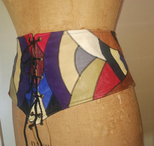 Load image into Gallery viewer, Leather Vintage Patchwork Cinch Corset Belt 70s Purple Red Blue Color Block Mosaic Small Extra Small Goth Hippy medium