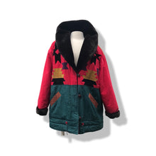 Load image into Gallery viewer, Red Black Gold Aztec Design Fuzzy Faux Fur Collar Patchwork Suede and Nylon Jacket