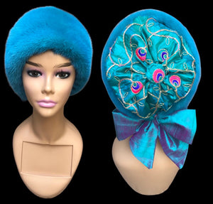 Himalayan Mink and Silk Hat in Turquoise Peacock “Blue Nile” with Embroidered Silk Gift for Her