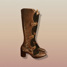 Load image into Gallery viewer, 60’s 70’s Suede and Leather Gladiator Boots with Gold Buckle Hardware Rare Size 7-8.5