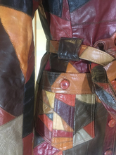 Load image into Gallery viewer, Vintage 70s Patchwork Mosaic Leather Duster/Trench/Coat Hippy S/XS Fit Flare Penny Lane Michael Kors Studio 54 Melania