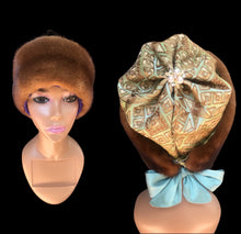 Load image into Gallery viewer, Whiskey Mink Himalayan Hat Fur Embroidered Light Blue Green Golden Embroidered Silk