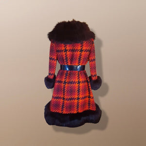 60’s Scottish Knit Plaid Red LIlli Ann Coat with Fox Fur Trim