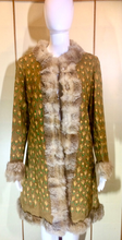 Load image into Gallery viewer, 70s Yellow Green Suede and Coyote Fur Hand Embroidered Floral Turkish Afghan Coat Penny Lane Almost Famous Boho Hippy M/L