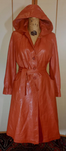 Load image into Gallery viewer, 70s Leather Hooded Trench Spy Duster Long Fit and Flare Orange/Tan Coat S/M Boho Hippie Hippy Chic Hipster