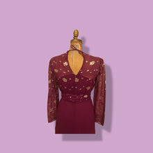 Load image into Gallery viewer, 70’s 80’s Vintage Bergundy Purple Chiffon High Low Floral Dress Tassle Extra Belt