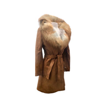 Load image into Gallery viewer, Deadstock Suede and Red Fox Fur Coat 70’s Fit Flare Wrap Style Rust Orangey Brown Color