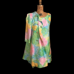 60’s Shift Dress and Coat Set by I. Magnin Pastel Floral Pink Blue Crystal Buttons