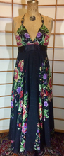 Load image into Gallery viewer, 70s Maxi Dress Floral Spring Full Length Dress Full Skirt Black Low Cut