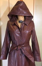 Load image into Gallery viewer, 70s Leather Hooded Trench Spy Rain Fall Coat Reddish Brown Fit and Flare Princess Boho Chic Maroon S/M