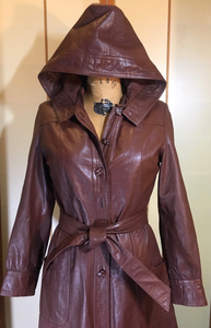 70s Leather Hooded Trench Spy Rain Fall Coat Reddish Brown Fit and Flare Princess Boho Chic Maroon S/M