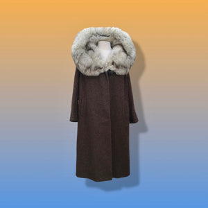 Vintage 60’s Swing Coat Massive Fox Fur Collar Brown Boucle