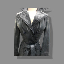 Load image into Gallery viewer, 70’s Spy Trench Leather Coat with Removable Shearling Collar Dark Blue