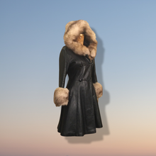 Load image into Gallery viewer, Vintage 70’s Leather Coat with Fox Fur Hood and Cuff Trim Princess Full Flare Skirt Rare OOAK 36/38 Bust Sargent Pepper Double Breasted