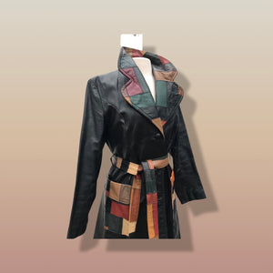 70’s Black Patchwork Leather Trench Coat Spy