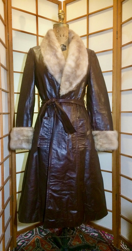 70s Buttery Brown Leather Coat, with Mink Trim Trench Spy Coat S/M/L Penny Lane