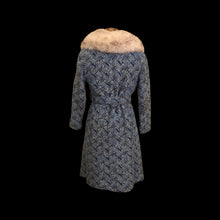Load image into Gallery viewer, 60’s 70’s Blue Carpet Coat Needlepoint Tapestry with Norwegian Fox Fur Belted