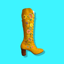 Load image into Gallery viewer, Iconic 70’s Mustard Yellow Suede Floral Embroidered Boots size 7 Wooden Heel