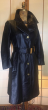 Load image into Gallery viewer, 60s Black Leather Mod Coat- Chic Minimalist Belt Belted Gold Buttons Fit Flare Jackie Kennedy Chic Soft Leather XS S Petite