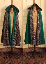 Load image into Gallery viewer, Vintage 70s Reversible Cape Green/Leopard Print Thick Wool Long Hooded Boho Renaissance Hippy Burning Man Unisex One Size Fits All