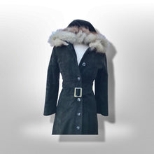 Load image into Gallery viewer, 70’s Black Suede Hooded Fox Fur Coat