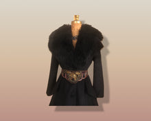 Load image into Gallery viewer, 60’s Black Coat Vintage Lilli Ann Fit and Flare Shearling Pinup Princess Beaded Belt